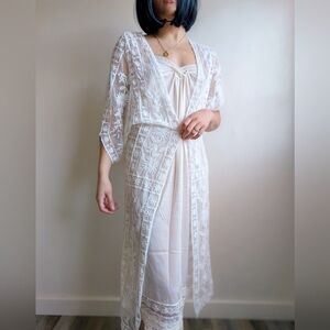 Vintage Romantic Boho Embroidered Lace Long Sheer Duster